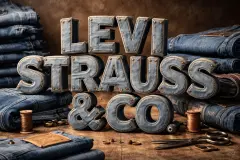 Levi Strauss & Co. name formed from denim-textured letters surrounded by jeans and tailoring tools